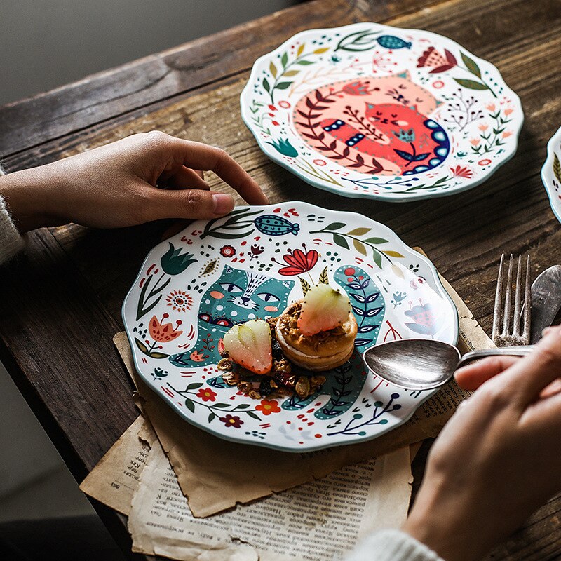 8 tommers rund keramisk tallerken håndmalte kattemiddagstallerkener fargerike underglaserte retter dessert brødbrett husholdningsservise