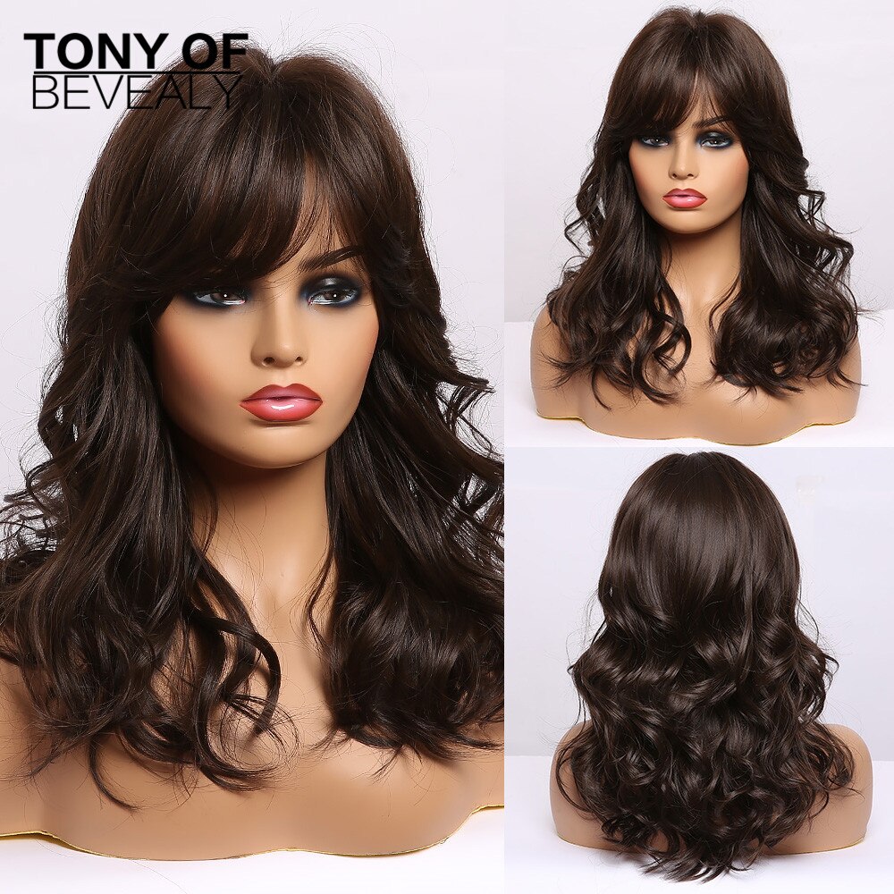 Medium Length Synthetic Wigs for Women Brown Wavy Natural Hair Wigs With Bangs Cute Cosplay Party Wigs Heat Resistant Fiber: lc305-1