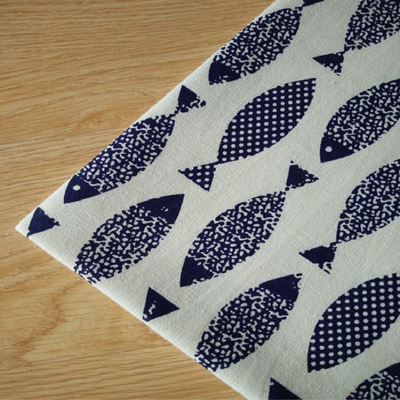 Blue white porcelain fish printed linen linen fabric pillow tablecloth canvas fabric handmade DIY crafts cotton and linen fabric
