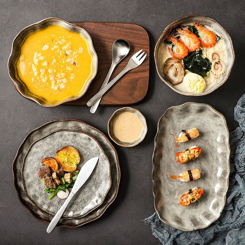 Japansk stil steintøy servise retro tallerken personlighet pasta tallerken salatskål gammeldags steintøy sausfat