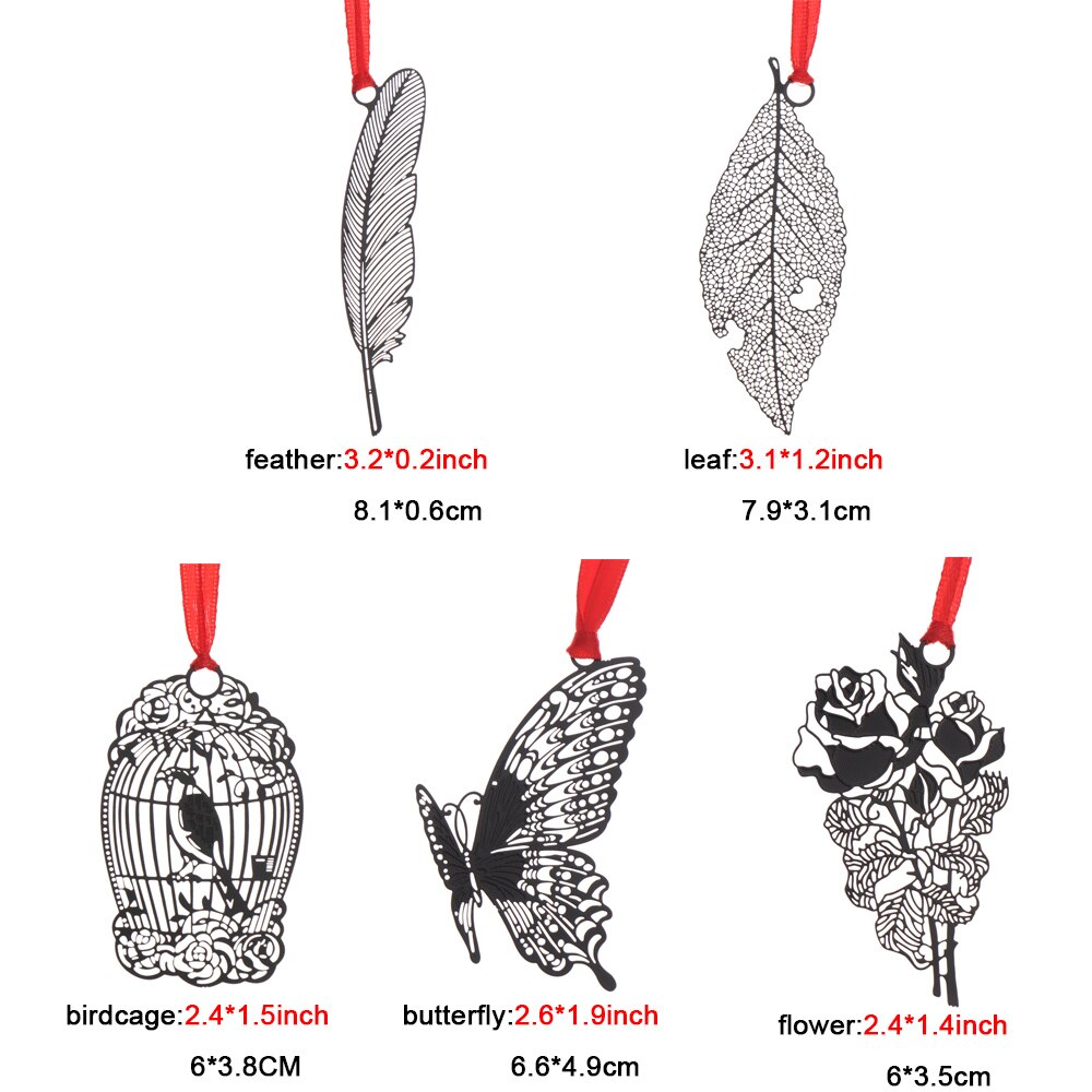 Beautiful Hollow Metal Bookmark With Red Strap Students Stationery Chinese Style Black Leaf Butterfly Feather Book Markers