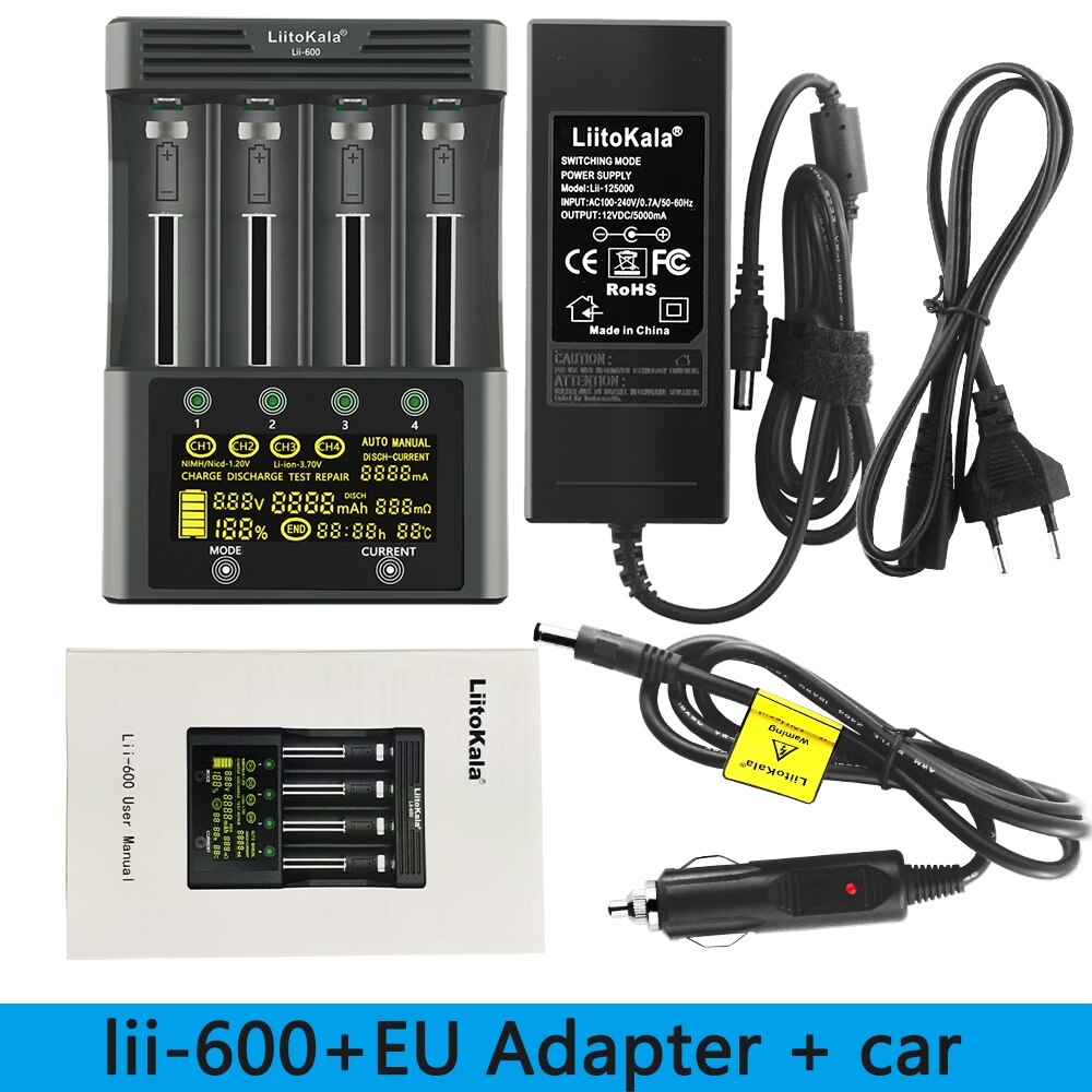 LiitoKala Lii-600 Battery Charger For Li-ion 3.7V and NiMH 1.2V battery Suitable for 18650 26650 21700 26700 AA AAA12V5A adapter: EU-Lii-600 and car