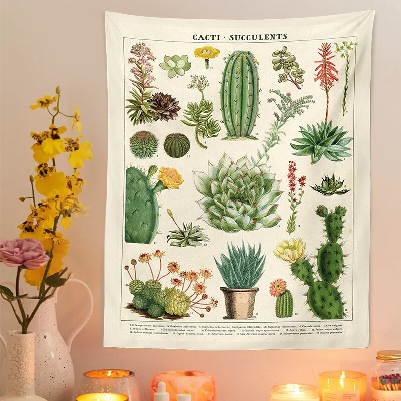 Botanisk kaktus billedvev veggheng retro kaktus sukkulenter soppkart hippie bohem psykedelisk hekseri hjemmeinnredning
