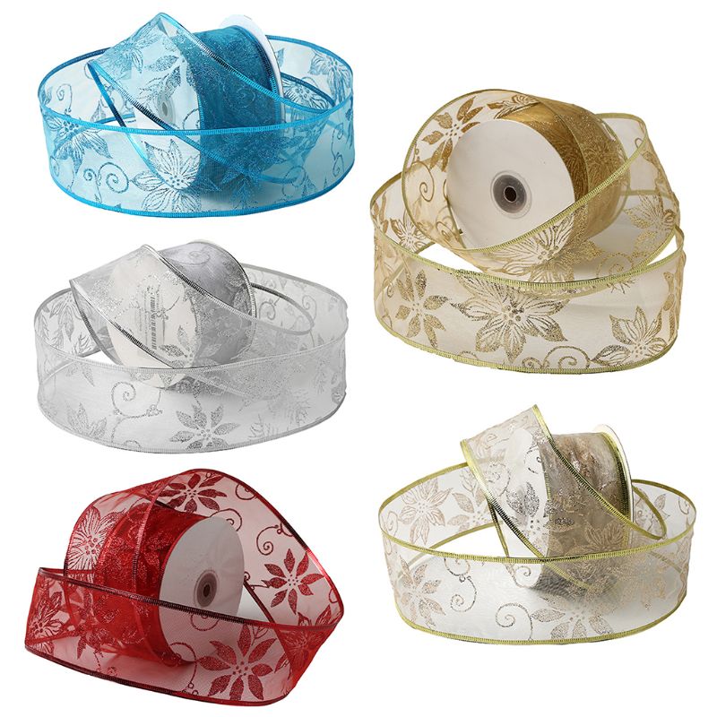 Rollo de 50 yardas de cinta de Navidad transparente con purpurina y flores para decoración del banquete de boda