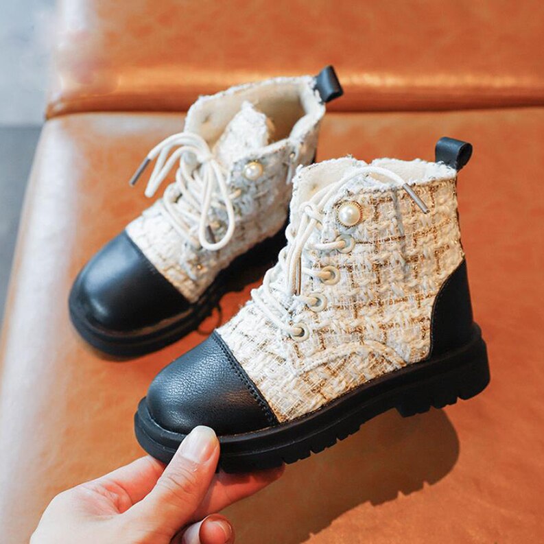 Kinderlaarzen meisjeslaarzen warme katoenen sneeuwlaarzen parel martin laarzen winter kinderschoenen meisjesschoenen: Beige / 30