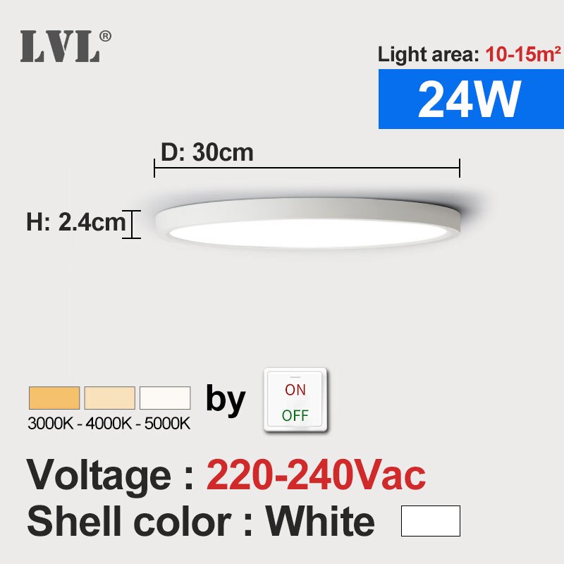 Førte ultra tyndt panel lys sort hvid skal 18w 24w 32w justerbar belysningsfarve til køkken soveværelse badeværelse panel lampe: 24w- hvide skal