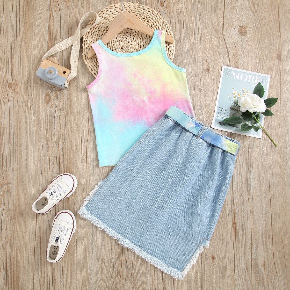 Kids Baby Meisjes Zomer Tie-Geverfd Top Vest Denim Knoppen Kwastje Rokken Riem Peuter Kinderen Kleding Set 2pcs 18M-6Y