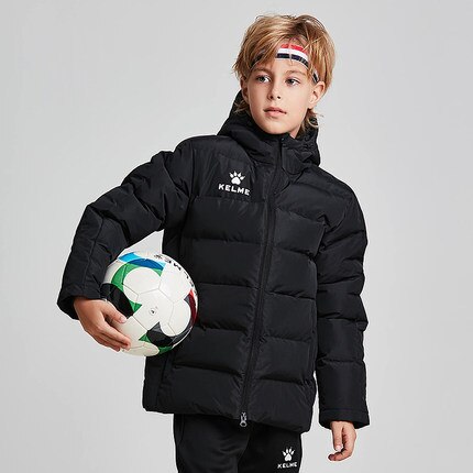 KELME Kid Winter Jacket Sports Hooded Jacket Boys Girls Windproof Warm Outdoor Cotton Coat 3883405: 160cm / Black Jacket 1
