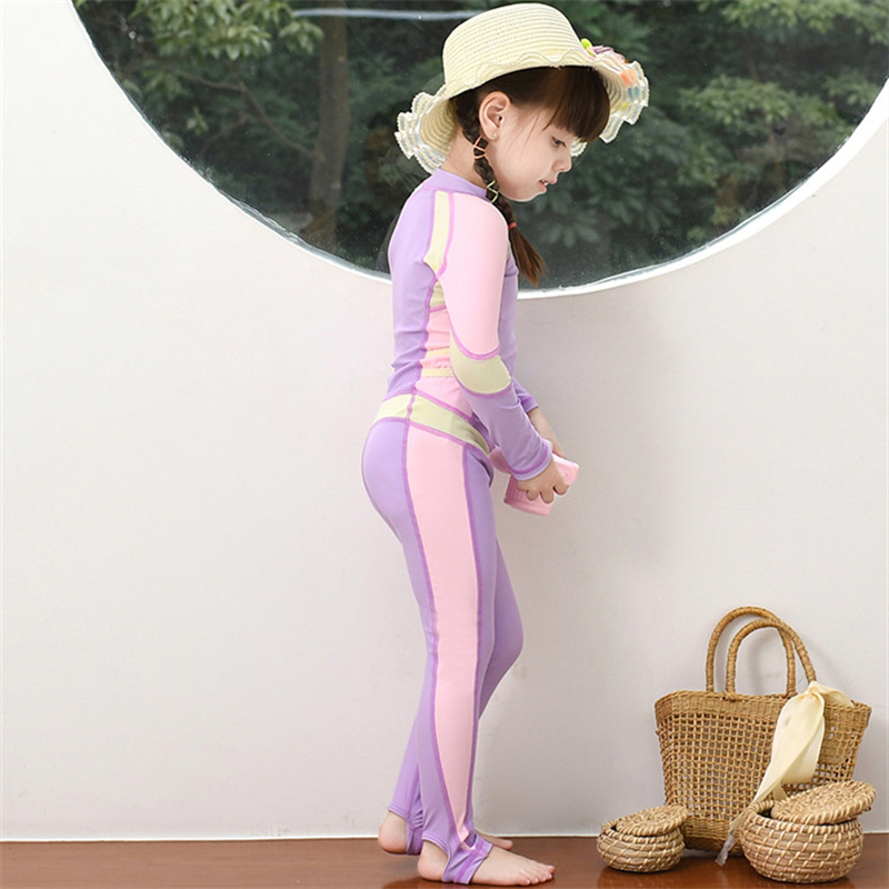 MEIYIER Korean style girl swimming suit kids one piece swimwear full body UV protection long sleeve swimsuit baby 2-12 year