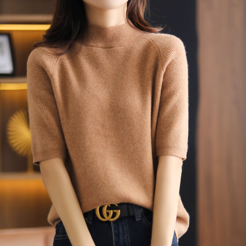 Camisa de malha de manga de cinco pontos de cashmere feminina primavera outono novo 100% lã pura meia manga camisola feminina