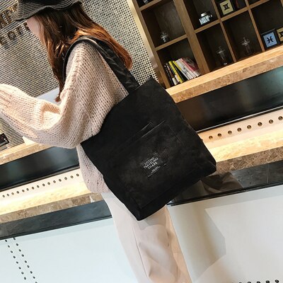 Women Corduroy Canvas Tote Ladies Casual Shoulder Bag Foldable Shopping Bags Beach Bag Cotton Cloth Female Handbag: Black