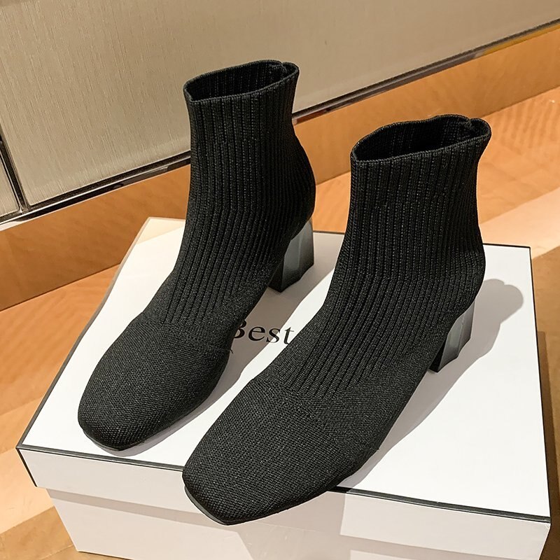 PAXAS Mode Slim Fit Knie Hoge Sok Laarzen Vrouwen Zwart Stretch Stof Puntige Teen Vierkante Hak Casual Slip Op Schoenen Laarzen - Zwart, 41