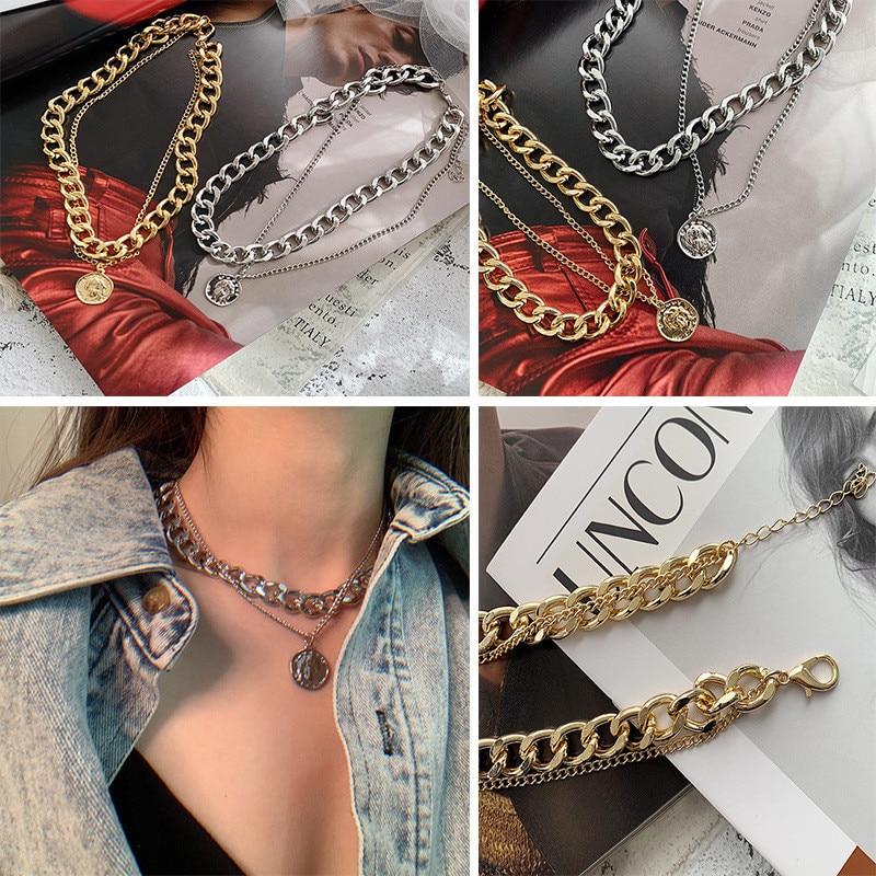 Retro Portrait Exaggerated Thick Chain Necklace Double Layer Cool Chain Hip Hop Necklace Short Clavicle Chain