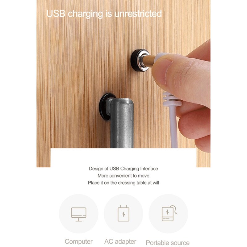 Monokrom trä skrivbord led sminkspegel usb justerbar ljus diffust 360 rotations ljus upp spegel