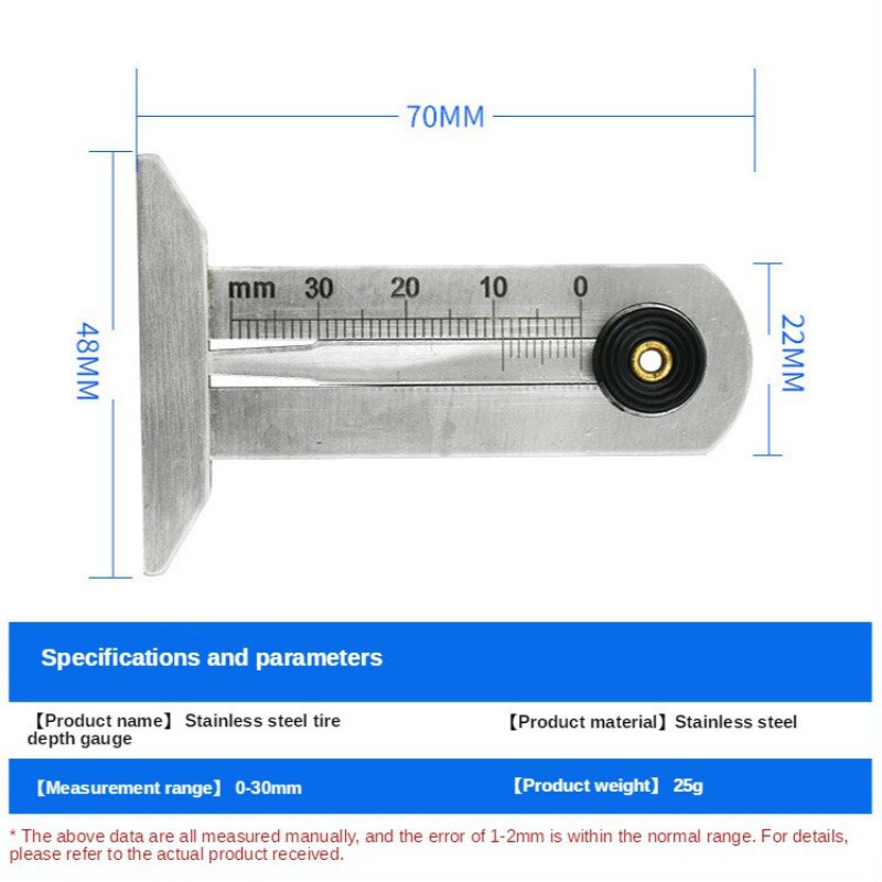 Herramienta de medición de profundidad de neumáticos, regla de seguridad con patrón de neumático de acero inoxidable de , 30mm, 50mm, 60mm: 0-30mm