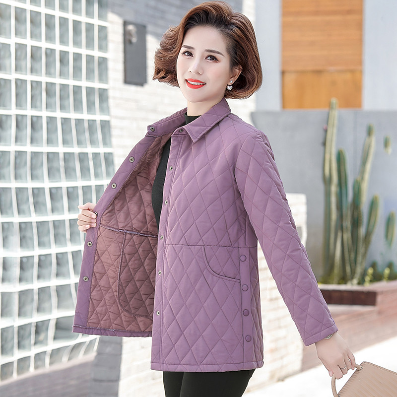 Veste d'automne en coton pour femmes, couleur unie, grande taille 5XL, chemise fine rembourrée en coton, vêtements pour mères d'âge moyen et âgées: Purple / 5XL