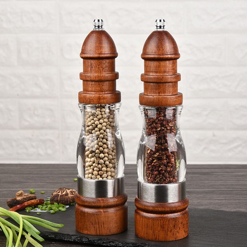 2 pièces/ensemble poivre sel broyeur en bois massif et acrylique bouteille main en céramique mécanisme de meulage épices Peper cuisine BBQ Mills