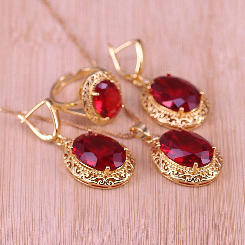 Risenj Dubai Luxe Stijl Vele Kleuren Grote Rode Steen Goud Kleur Sieraden Voor Vrouwen Verstelbare Ring Ketting Set: red