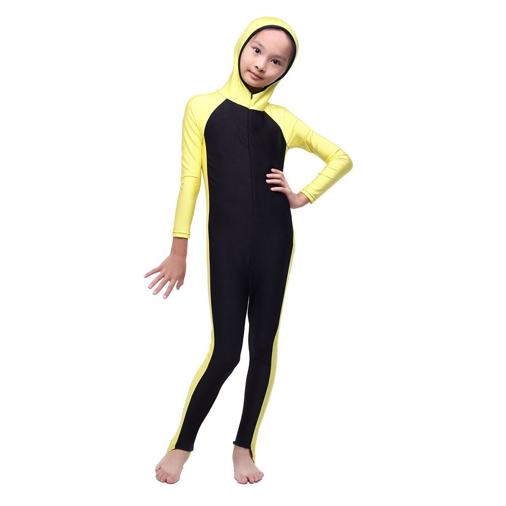Meisjes Badpak Een Stuk Pak Burkini Bescheiden Badpak Voor Meisje Kinderen Islam Volledige Badpak Lange Mouwen Met Hoed Badmode swimwear girls 10 year islameisch burkini muslim swimwear moslim mode boerkini dames: yellow / L
