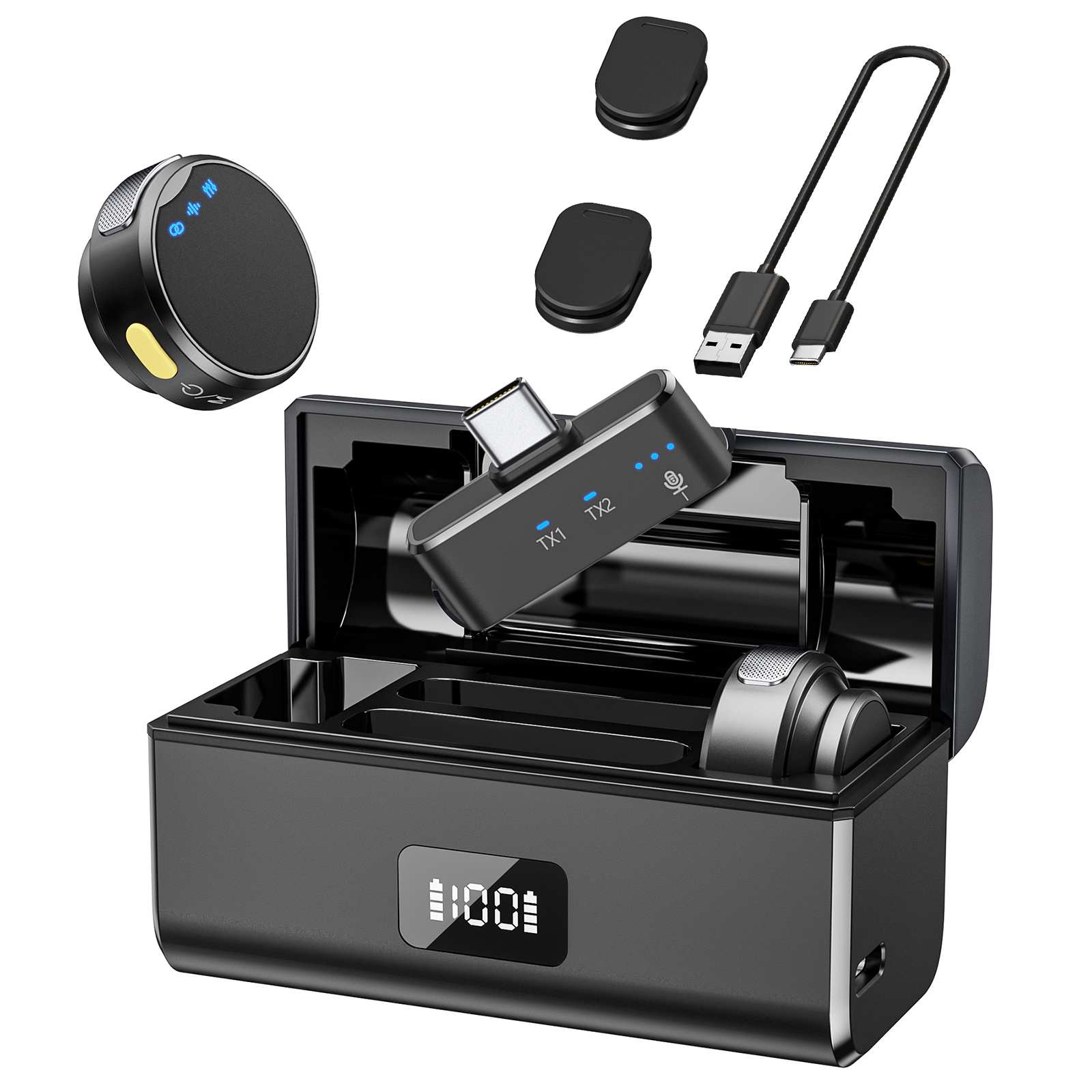 Microfono Lavalier Wireless con scatola di ricarica riduzione del rumore magnetico microfono professionale con risvolto per la registrazione in Studio dal vivo: WHITE