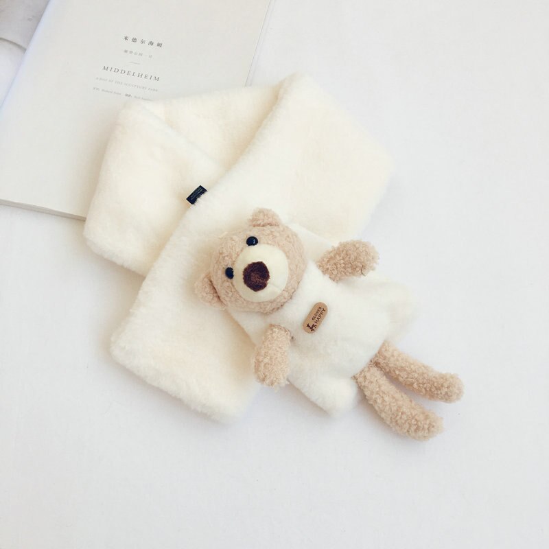 Autumn Winter Girls Warm Fleece Scarf with Bear Kids Fleece Scarves: White