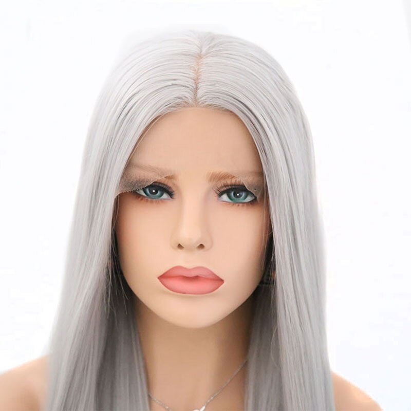 Bombshell Long Straight Gray Synthetic Lace Front Wig Silver Grey Soft Natural Hairline Heat Resistant Synthetic Hair Women Wigs