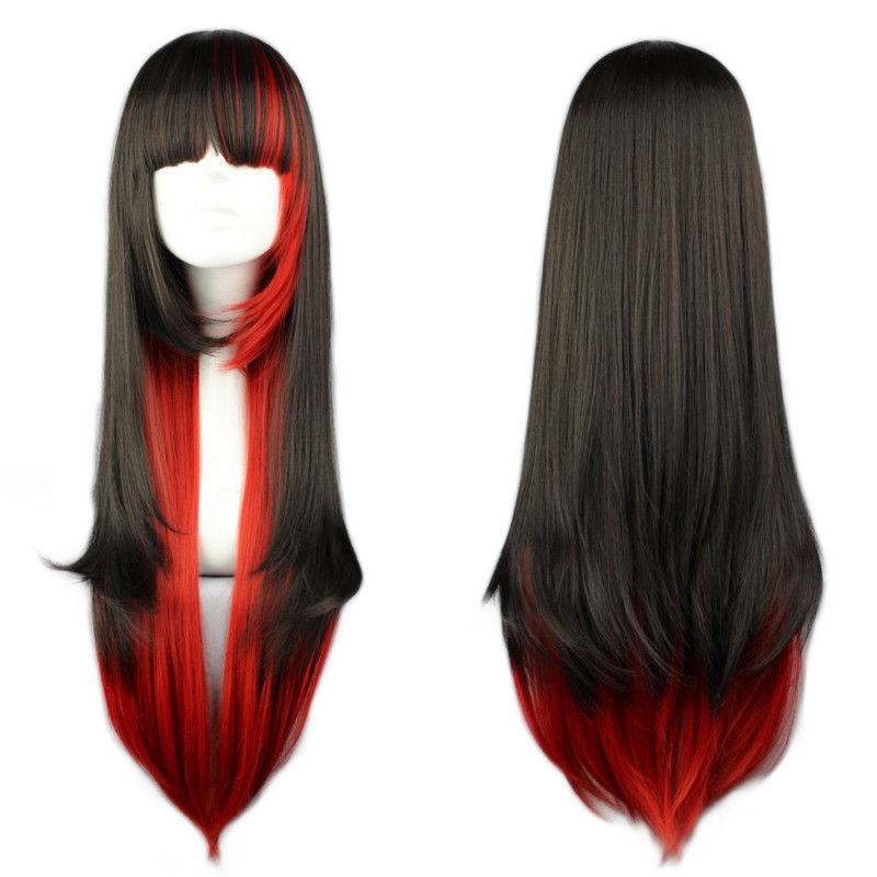 QQXCAIW Long Straight Cosplay Wig Women Costume Party Black Red Ombre Heat Resistant Synthetic Hair Wigs: black red 1