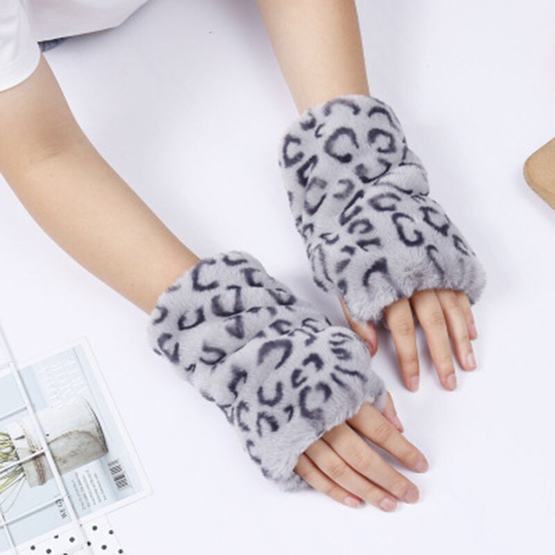 Winter touchscreen handschoenen vrouwelijke faux fur konijnenbont half vinger luipaard handschoenen vrouwelijke dikke leuke pluche schrijven warme handschoenen e91: Leopard Gray