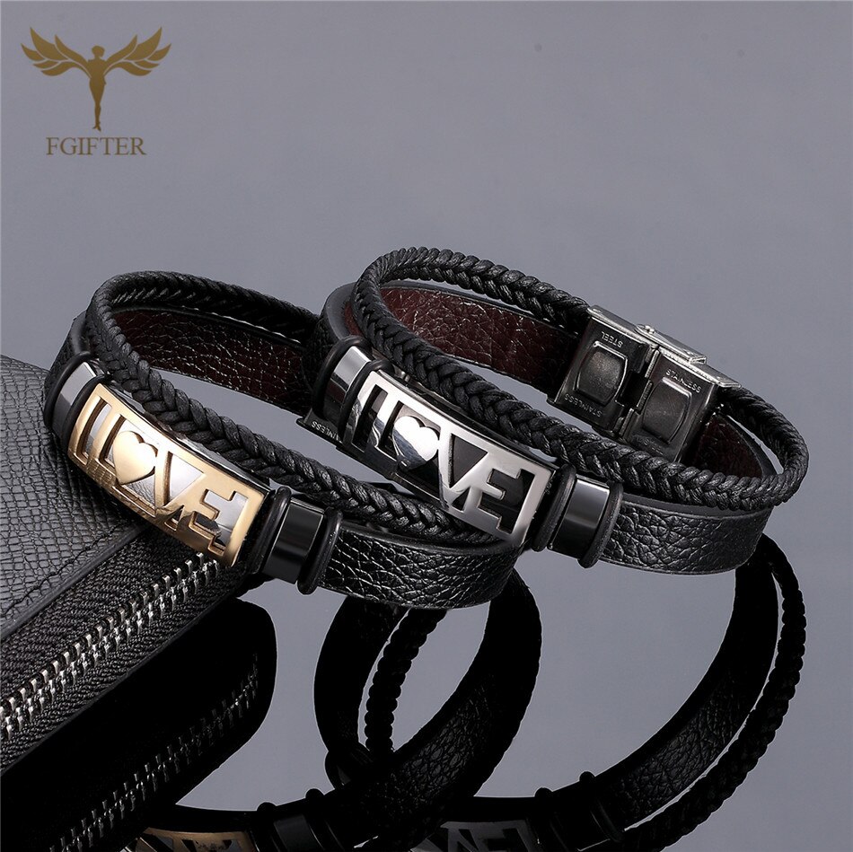 Pulseras románticas de amor para pareja de hombres y mujeres, pulsera de cuero de tejido multicapa, brazalete de acero inoxidable, joyería