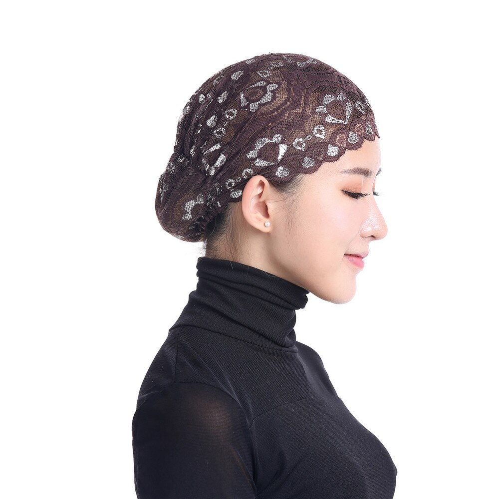 Vrouwen Moslim Stretch Kant Tulband Hoed Chemo Cap Haaruitval Hoofd Sjaal Wrap Cap: Coffee 