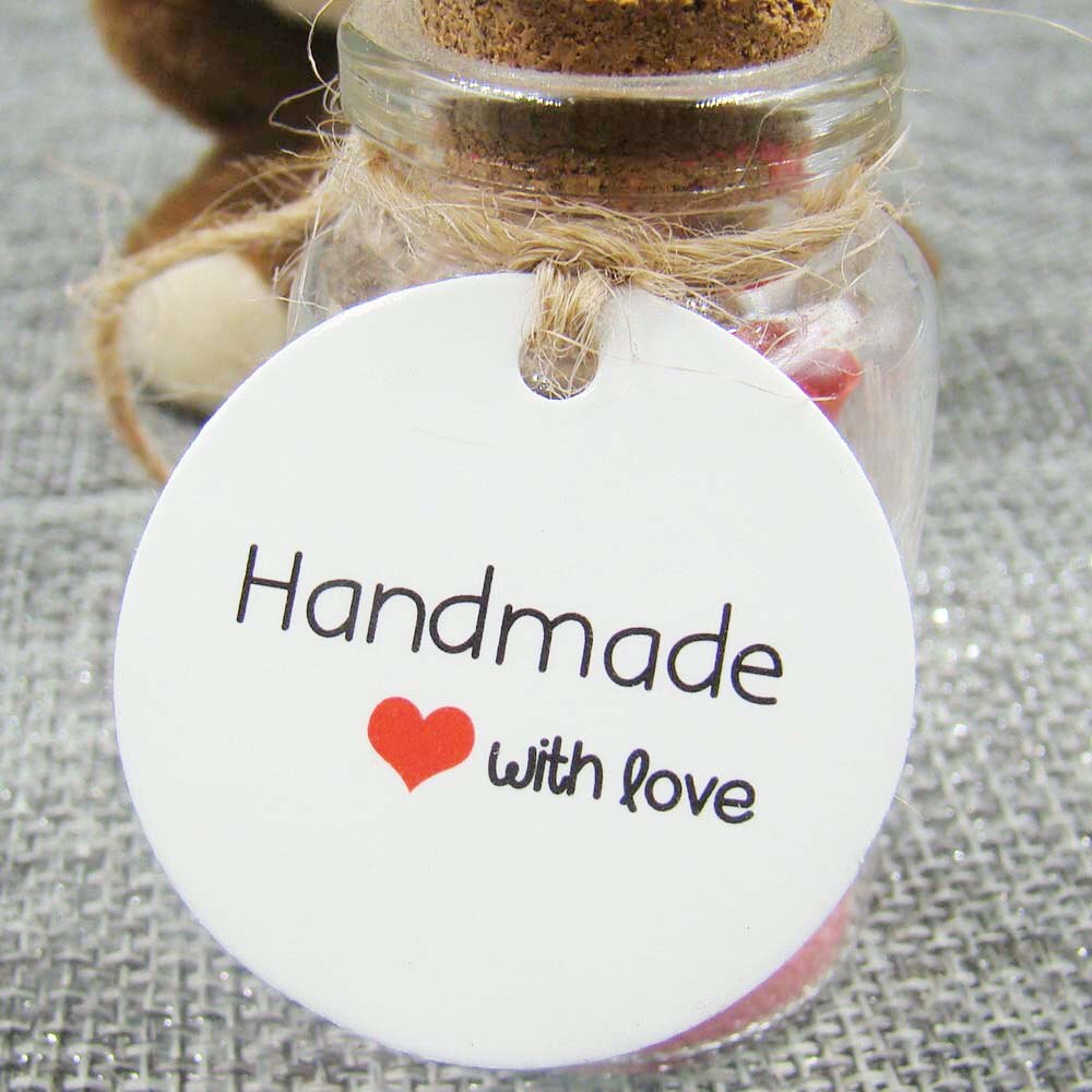 1.18*1.18 Inch 100 Pcs Ronde Handgemaakte Met Liefde Wit Papier Tags Met String Wit Voor Geschenkdoos Cookie bruiloft Gunst