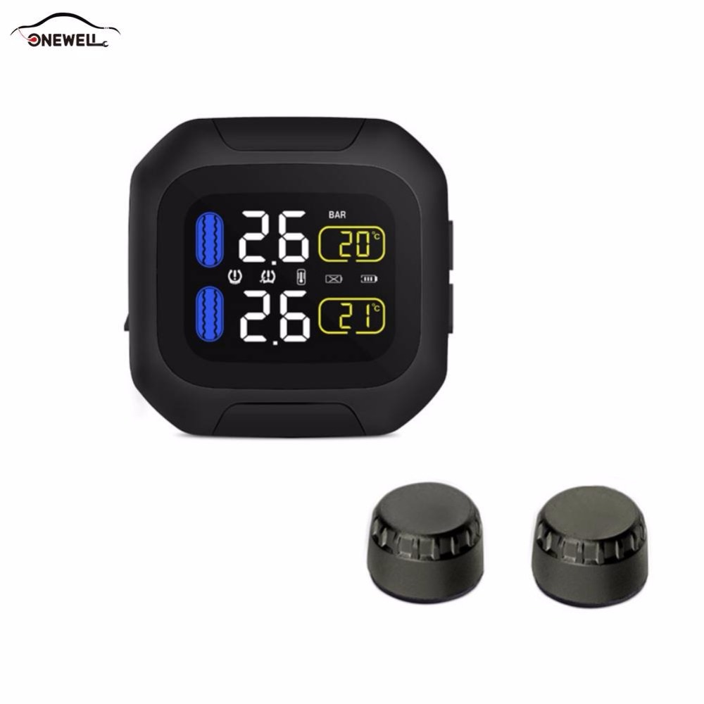 ONEWELL Original Motor- Reifen Druck Überwachung System kabellos TPMS Motorrad Reifen Alarm 2 Externen Sensor Moto Werkzeuge