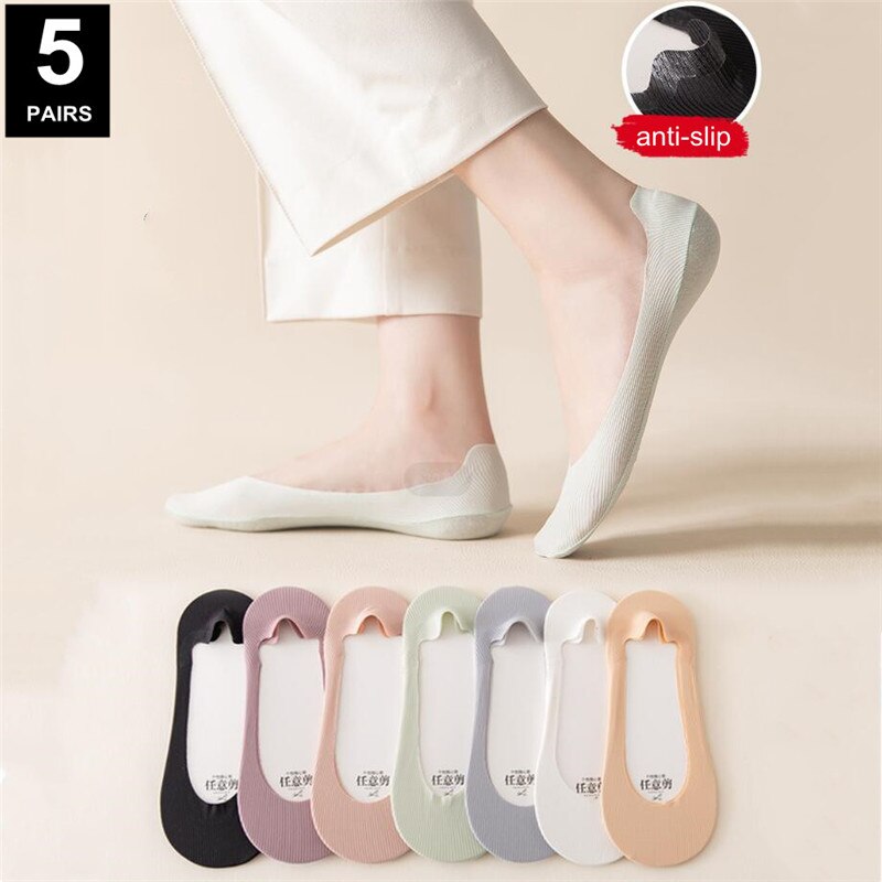 Calcetines invisibles de barco para mujer, medias finas de seda de hielo, boca poco profunda, parte inferior de algodón, sin Talón de deslizamiento, 5 pares