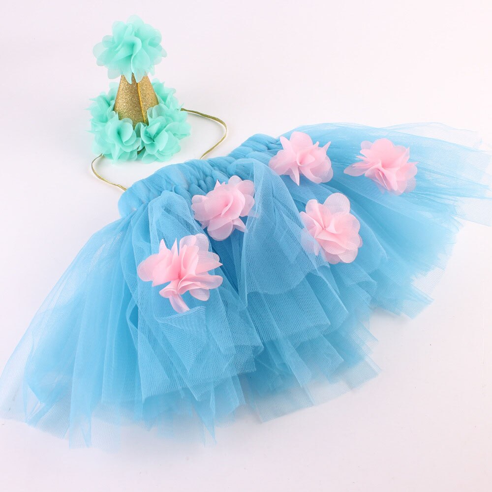 Newborn Baby Girl Tulle Skirt Mesh Fluffy Tutu Skirt With Flowers Decoration+ Princess Crown Headband 2pcs Outfit Photo Costumes: sky blue