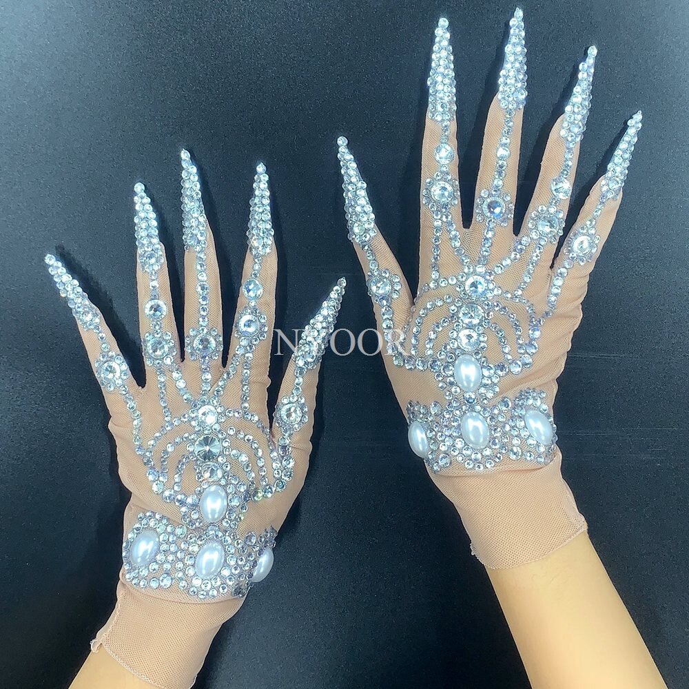 Luxurious Rhinestone Pearls Gloves Women Sparkly Crystal short Gloves Dancer Singer Nightclub Stage Performance Show Accessories
