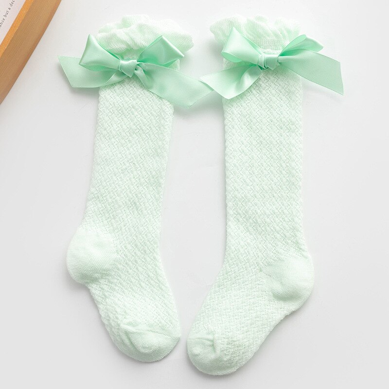 Kinderen Kousen Mesh Ademend Over De Knie Baby Mesh Kousen Kids Boog Mesh Knie Sokken Zomer Dunne Meisje Been warmers: Green Bow Mesh socks