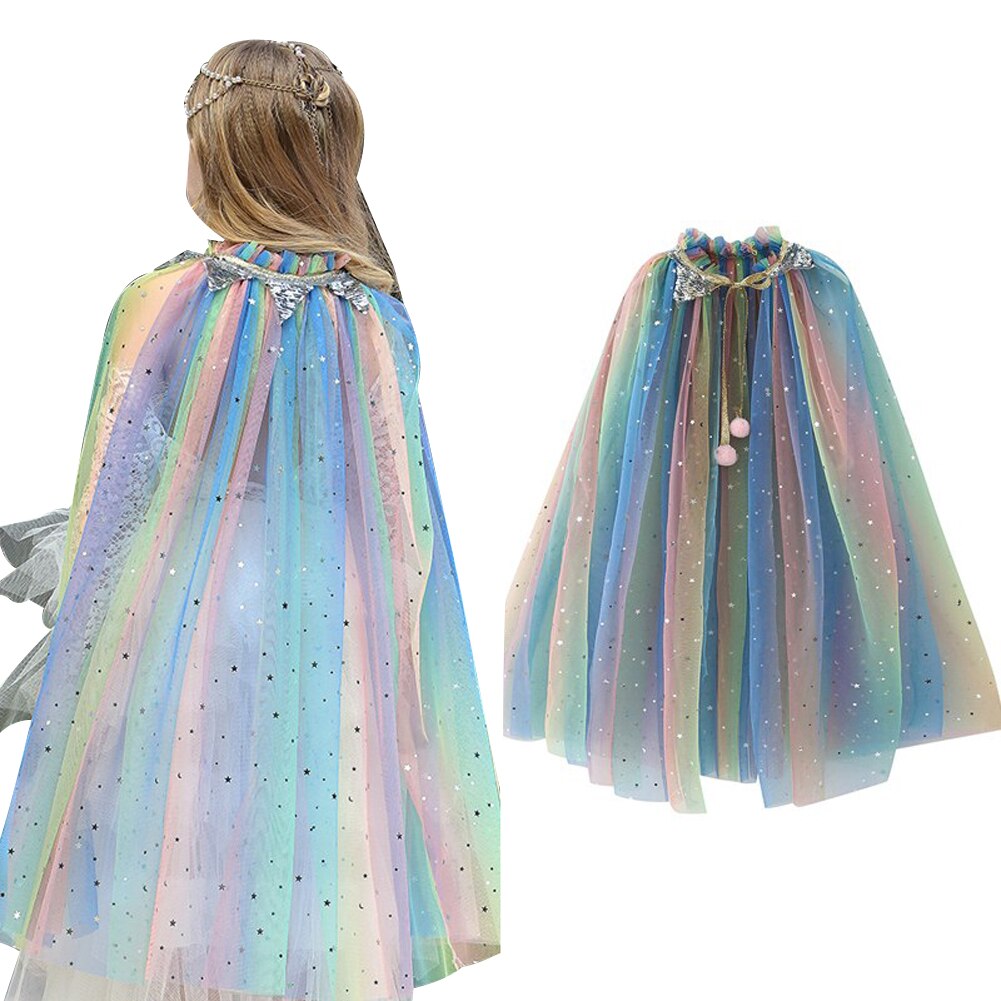 Girl’s Summer Gauze Double-Breasted Lace-Up Princess Cloak with Shinny Star Moon Patterns for Pantomime Play