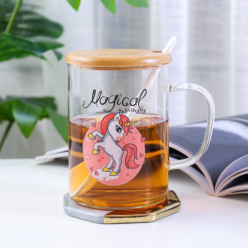 Vaso bonito de unicornio de dibujos animados de 500ML con tapa y cuchara y Asa taza creativa de cristal de leche transparente taza de té taza de desayuno: A