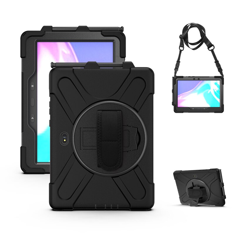 Case For Samsung Galaxy Tab Active Pro 10.1 SM-T540 SM-T545 Heavy Duty Rugged Protection Cover with Kickstand Hand+Neck Strap: Black