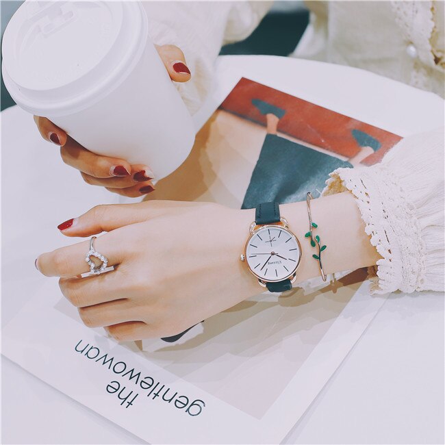 Ulzzang-relojes para mujer de cuero Vintage, de cuarzo, informal, de lujo,: Black
