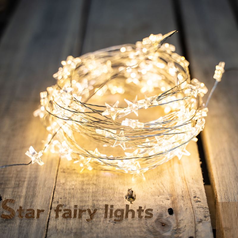 Guirnaldas de estrellas navideñas de 2m/4m/6m para dormitorio, cadena con adaptador alimentado por batería, guirnalda de luces, decoración para de boda y vacaciones