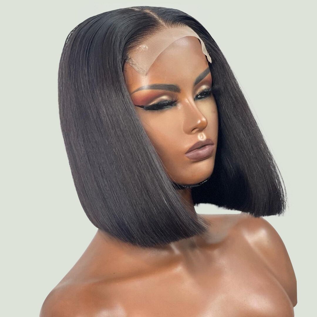 Silky Straight Side Part Natural Jet Black Lace Front Synthetic Wig For Black Women With Baby Hair Pre Plucked Adjustable Strap