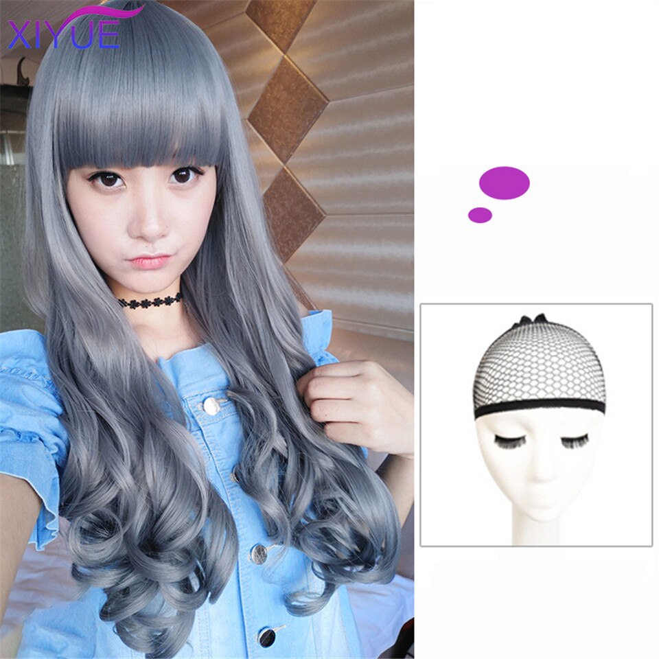Pelucas largas mixtas de color morado para mujer con flequillo resistentes al calor, pelucas sintéticas rizadas, rosadas, verdes, para mujer, afroamericanas: 12jiafa