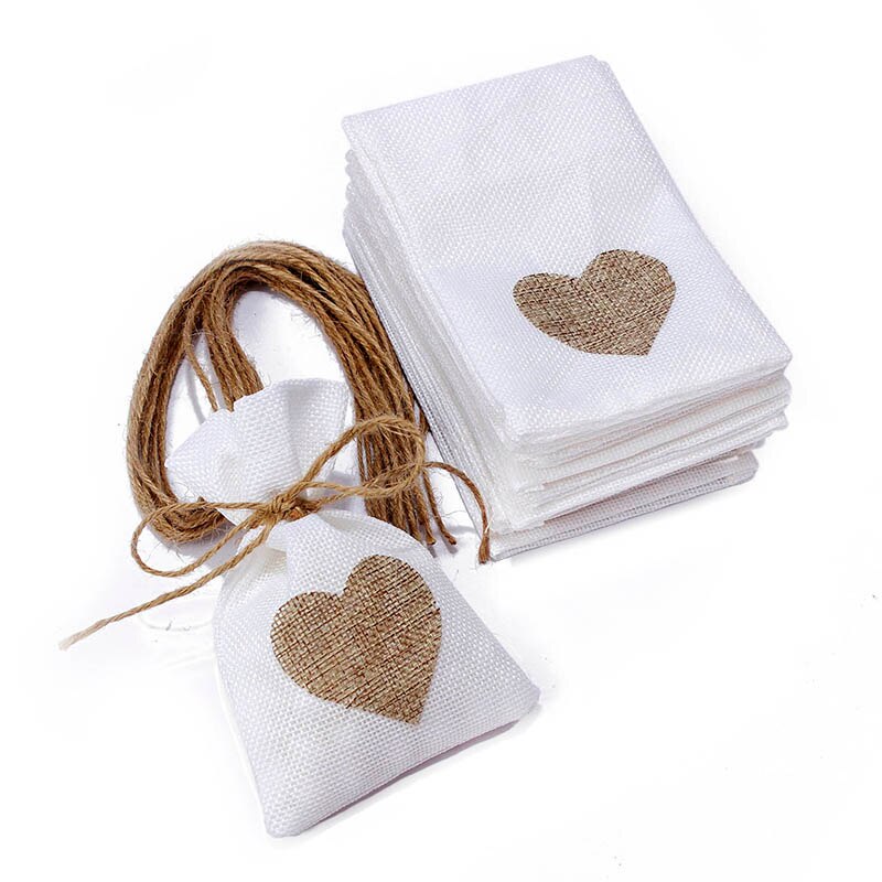 1 PC 10x14CM Hochzeit Taschen Schmuck Tasche modisch Weiß Natürliche Leinen Kordelzug Hochzeit Favor Taschen Beutel herz bilden