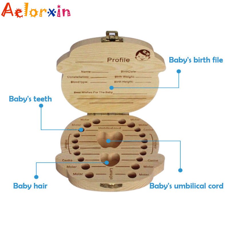 Engels/Spaans/Frans/Russisch/Italiaans Tand Baby Doos Houten Melk Tanden Doos In Spaans in-Engels Box Voor Baby