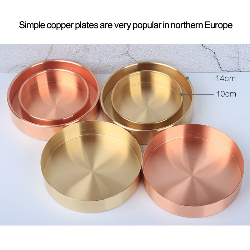 Bandeja de metal redonda de cobre puro, bandeja de almacenamiento de adornos de latón, oro rosa y oro, para picnic, buffet y en casa