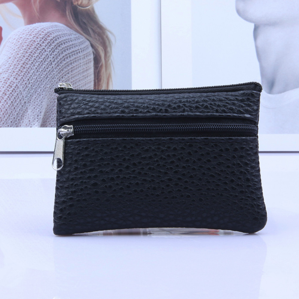 Men's and women's wallet multi-function leather coin purse zipper mini wallet cute card coin small purse wallet soy luna: Black