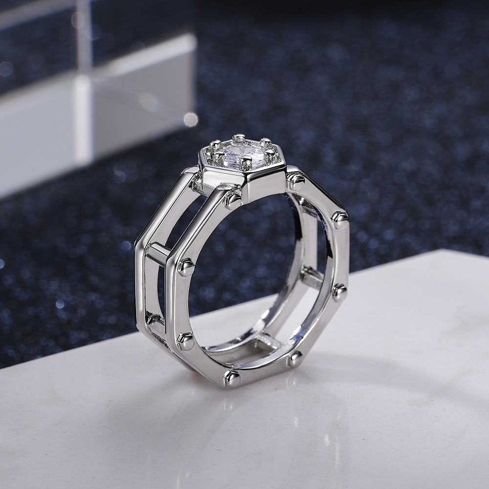 Huitan Modern Women Wedding Rings Geometric Shape Hollow Out Band Round Cubic Zirconia Stylish Versatile Female Jewelry