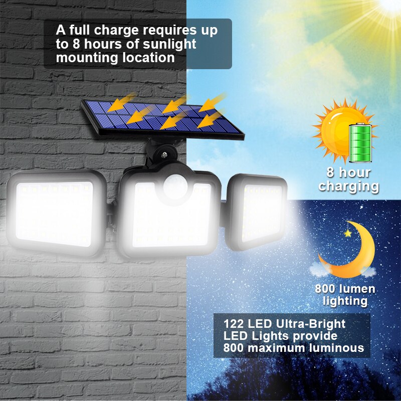 Solar LED Light Outdoor 108 LED 3 Head Motion Sensor Remote Control Lamp 270 Wide Angle Illumination Wall lamp Flood Lights