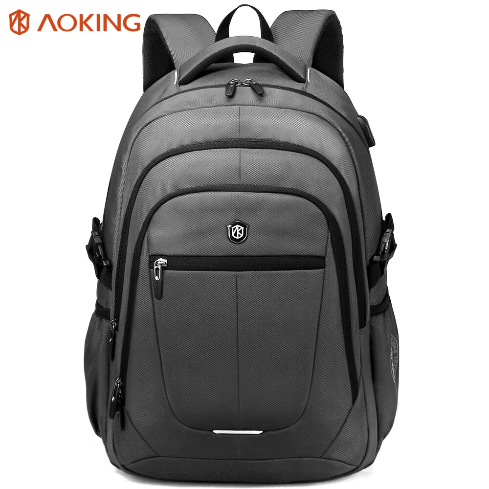 Aoking mochila de viagem com porta de carga usb externo e faixa reflexiva para as mulheres poliéster à prova dstudent água portátil mochila estudante: Grey